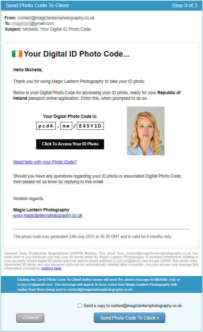 Screenshot: Create Irish Digital Passport Photo Code Step 3 of 3